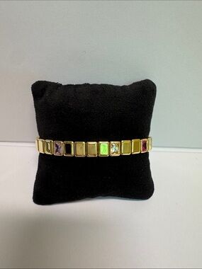 Gold Tone Multi-Stone Stretch Bracelet - Blue & Green Accents